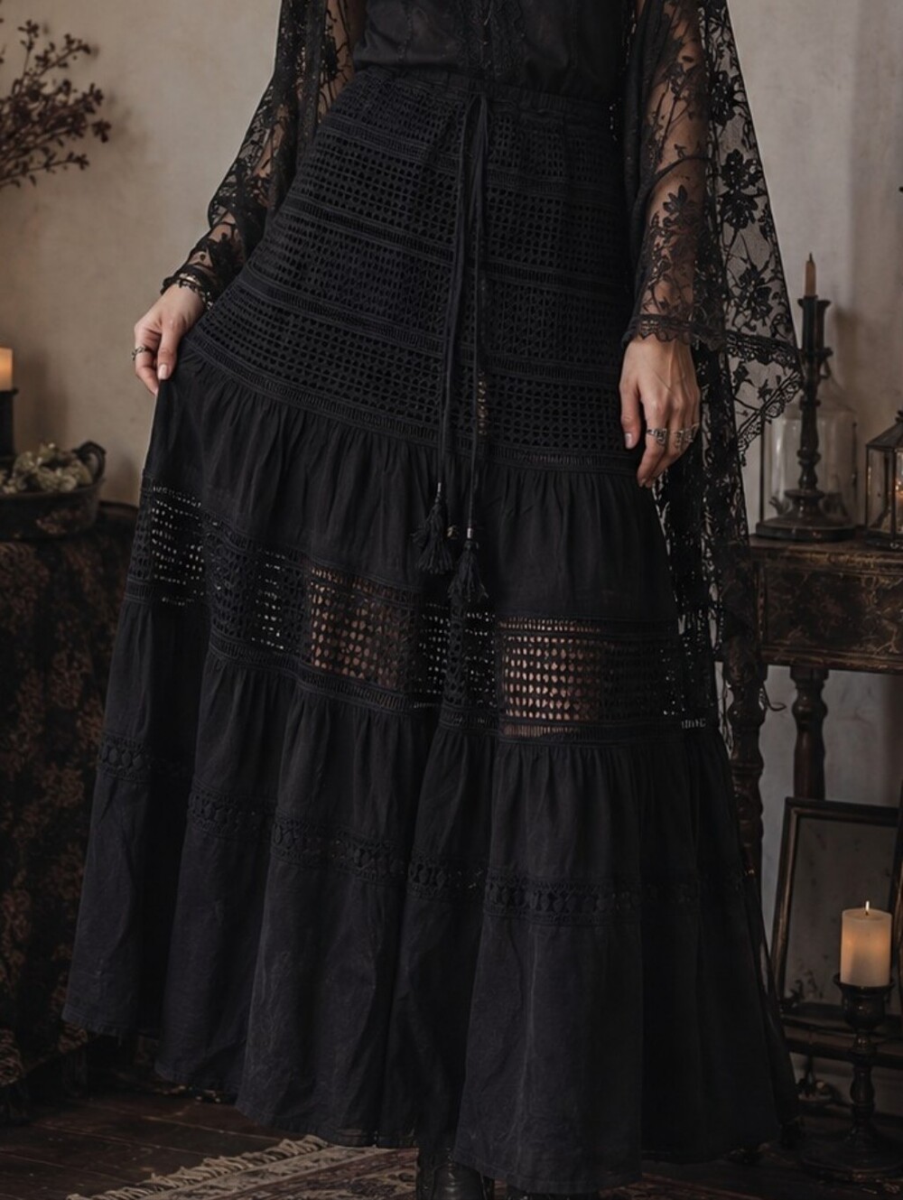 Alexis + Rae Black Crochet Lace Maxi Skirt Boho Romantic Size S